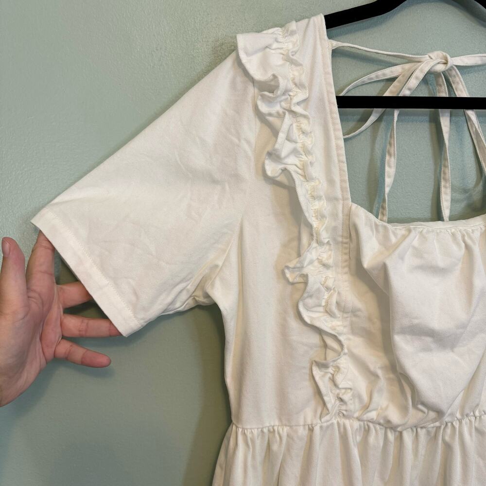 ASOS Denim Mini Dress 14 White Coquette Milkmaid Babydoll Feminine Cottagecore - Picture 9 of 13